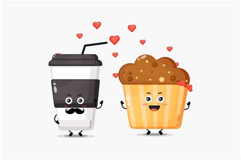 Cute Coffee Cup And Muffin Character Fall In Love 7055187 Vector Art At