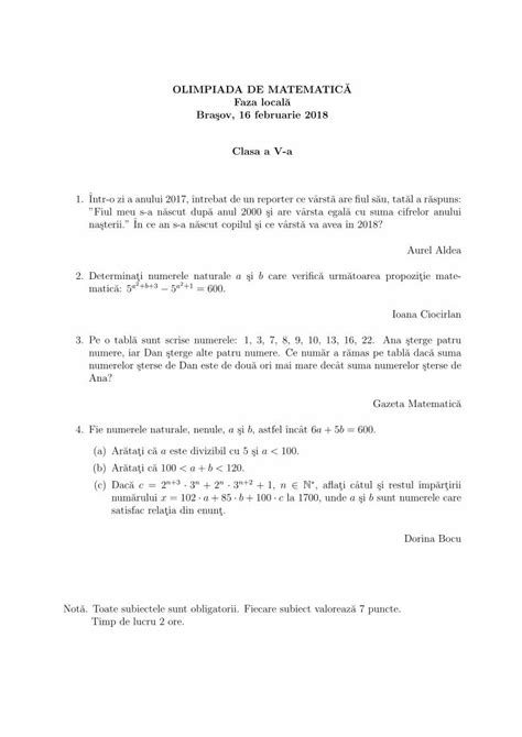 Pdf Olimpiada De Matematica Faza Locala Clasa A V A Olimpiada De