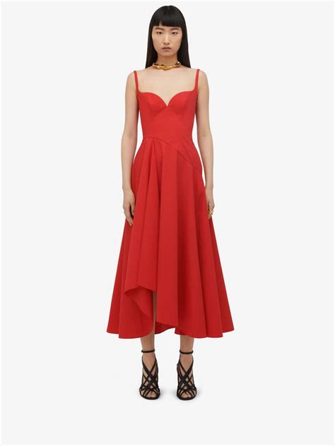 Sweetheart Neckline Midi Dress Lust Red For Women Alexander Mcqueen