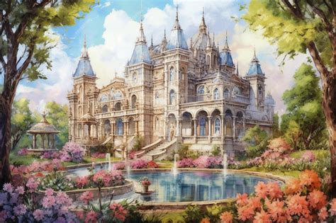 Premium Ai Image Painting Of A Castle With A Fountain And A Gazebo In