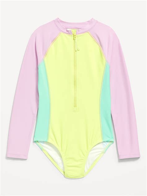 Color Block Zip Front Rashguard One Piece Swimsuit For Girls Old Navy