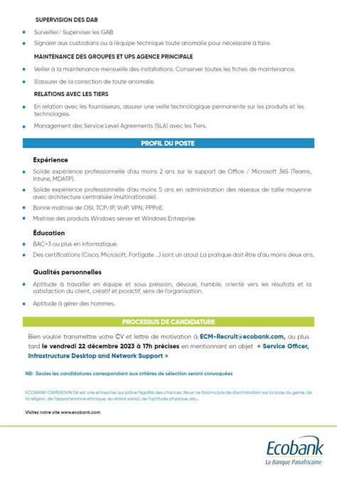 Ecobank Cameroun Recrute Un Service Officer Infrastructure Desktop And