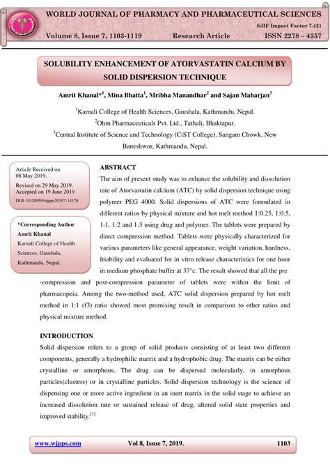 PDF SOLUBILITY ENHANCEMENT OF ATORVASTATIN CALCIUM BY SOLID