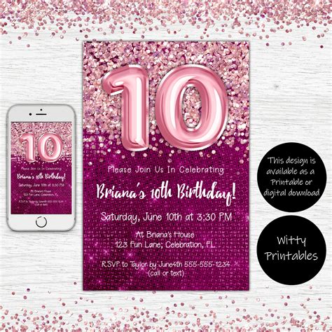 10th Birthday Invitation Magenta With Pink Balloons Glitter Birthday