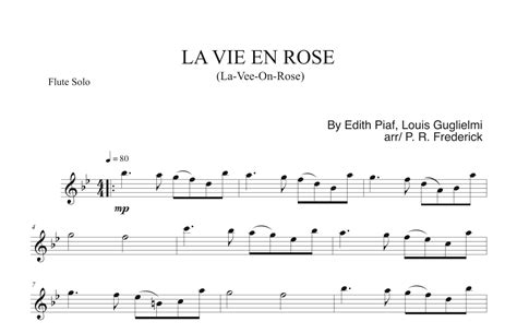 La Vie En Rose Arr P R Frederick Sheet Music Edith Piaf Flute Solo