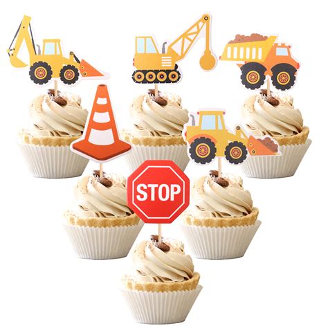 36 Pcs Construction Cupcake Toppers Stop Sign Dump Truck Excavator