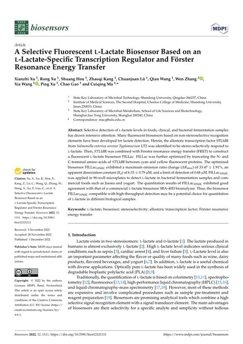 Pdf A Selective Fluorescent L Lactate Biosensor Based On An L Lactate