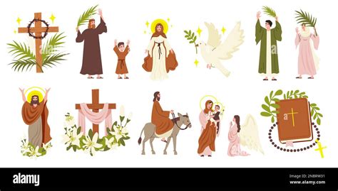 Easter Flat Icons Set With Jesus Christ And Virgin Mary Characters