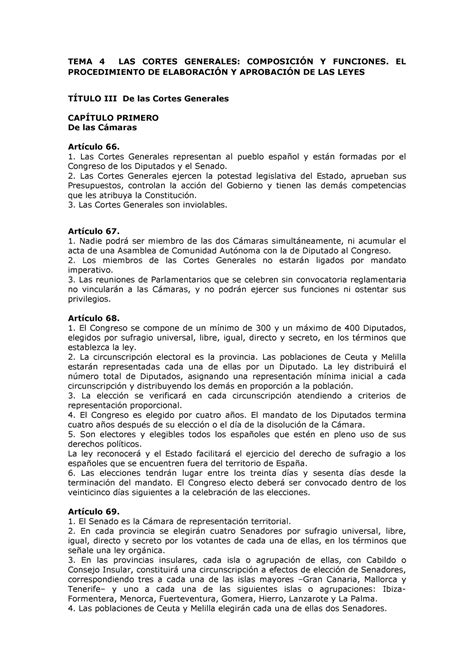 TEMA 4 LAS Cortes Generales TEMA 4 LAS CORTES GENERALES COMPOSICIÓN