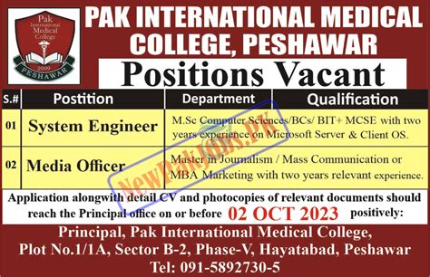 Pak International Medical College Peshawar Jobs 2023