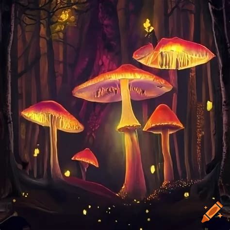 Magical Forest With Colorful Mushrooms And Fireflies On Craiyon