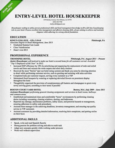 Entry Level Hotel Housekeeper Resume Sample Resume Genius Resume