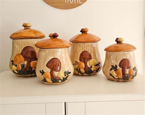 Vintage 1970s Arnels Mushroom Canister Set Of 4 With Lids 8pcs Mid