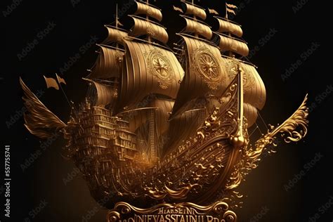 Pirate Sailing Ship Gold And Silver Logo In Neverland With Black