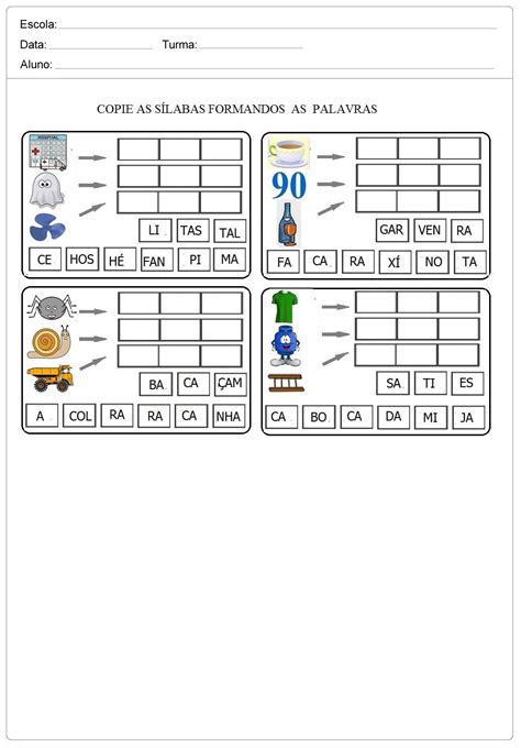 Copie as Sílabas e forme palavras Atividades de Alfabetização Imprimir