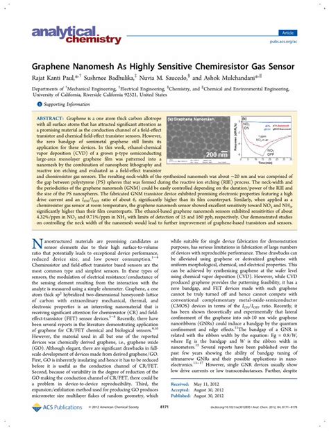 Pdf Graphene Nanomesh As Highly Sensitive Chemiresistor Gas Sensor