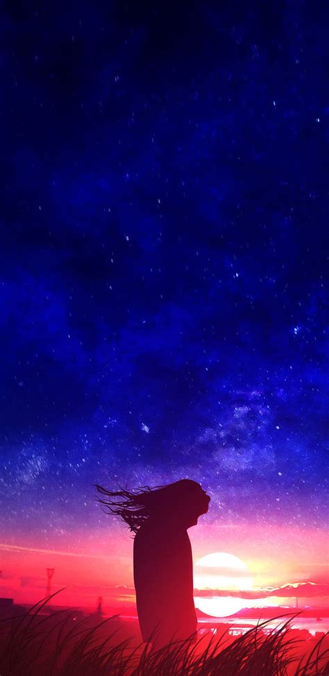 1440x2960 Anime Girl In Field Silhouette Sunset Samsung Galaxy Note 9 8