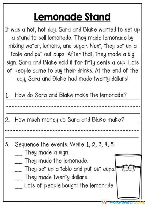 Reading Comprehension Worksheet (Lemonade Stand) | 2nd grade reading ...