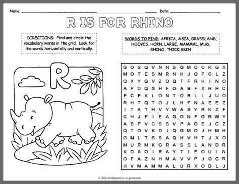 Rhino Word Search And Coloring Page