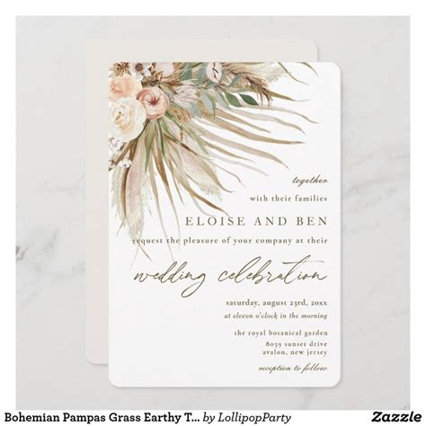 Bohemian Pampas Grass Earthy Tones Floral Wedding Invitation Zazzle