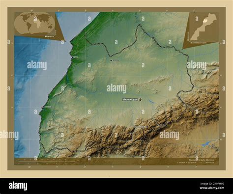 Marrakech Safi región de Marruecos Mapa de altura en color con lagos