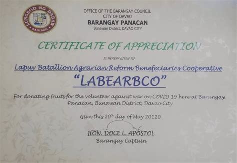 Certificate Of Appreciation Barangay