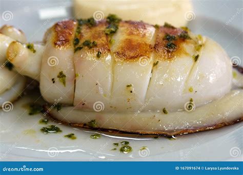 Grilled Cuttlefish With Sauce On A White Plate Delicious Wholesome