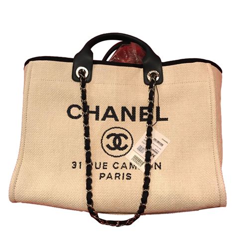 Chanel Große Tasche Deauville Creme Marineblau Beige Leinwand ref