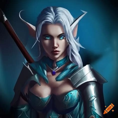 Illustration Of A Female Blue Skinned Elf Paladin With A Longsword On Craiyon