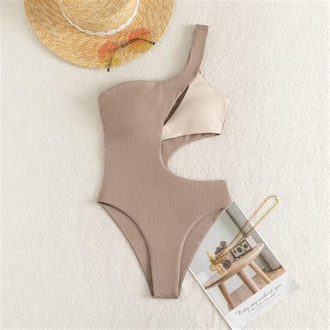 European And American Solid Color One Shoulder Bikini Swimsuit Cut Out