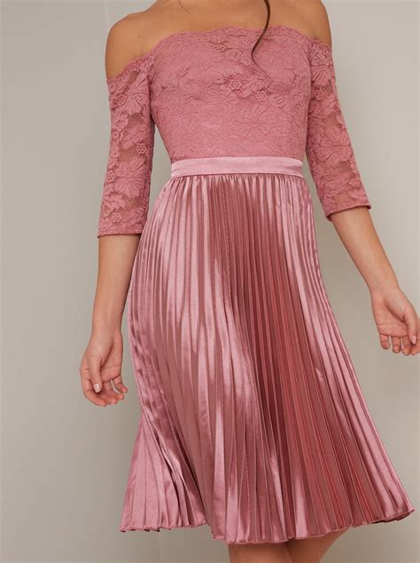 Bardot Lace 34 Sleeved Pleat Midi Dress In Pink Chi Chi London