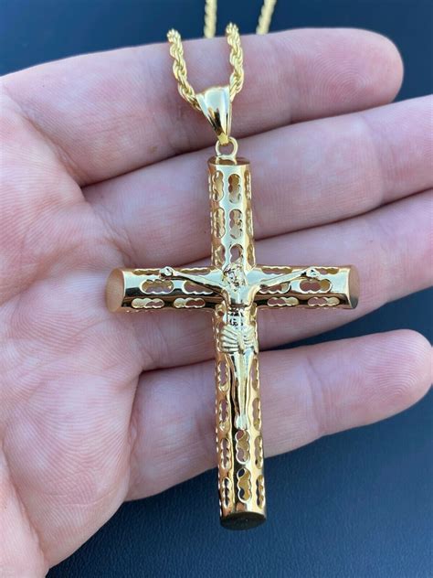 Real Sterling Silver Gold Plated Cross Pendant Necklace Big