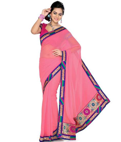 Saree Swarg Pink Semi Chiffon Saree Buy Saree Swarg Pink Semi Chiffon