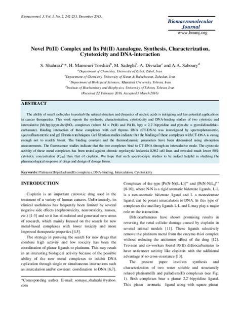 Pdf Novel Pt Ii Complex And Its Pd Ii Aanalogue Synthesis Characterization Cytotoxicity