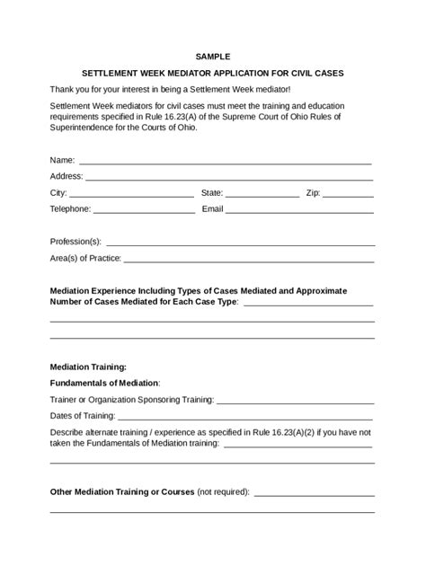 Sample Settlement Week Mediator Application Civil Cases Doc Template