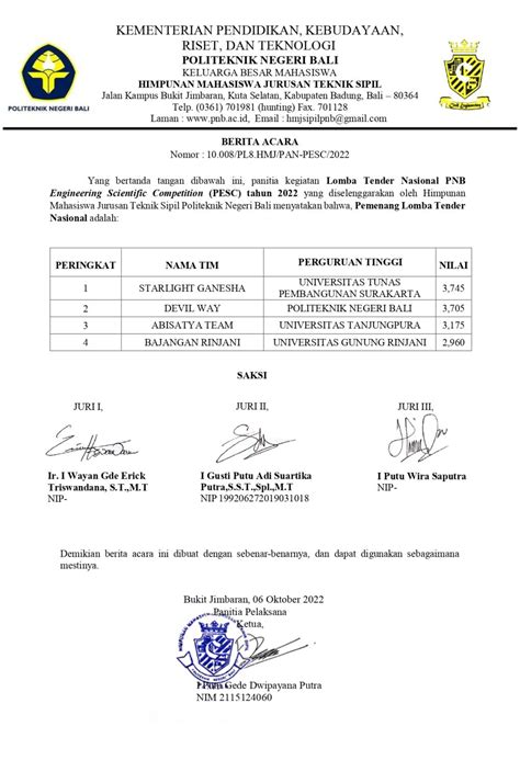 Pengumuman Pemenang Lomba Tender Nasional Pesc Hmj Teknik Sipil