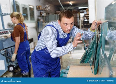 Male Glazier Working In Glass Factory Stock Photo Image Of Handling