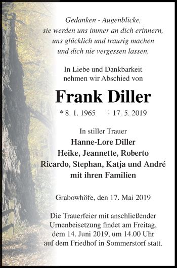 Traueranzeigen Von Frank Diller Trauer Nordkurier