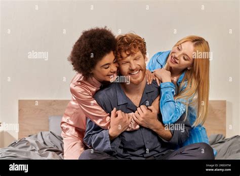 Open Relationship Polygamy Happy Multicultural Women Hugging Cheerful