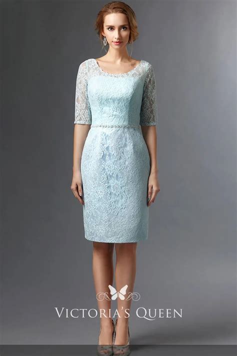 Vintage Knee Length Sky Blue Lace Mother Of The Bride Dress With Satin