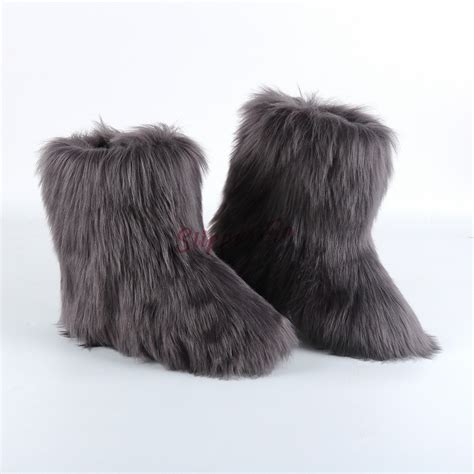 White Faux Fur Boots Fluffy Mid Calf Winter Boots