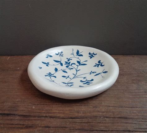 Small Ring Dish White Clay With Blue Floral Trinket Dish Etsy