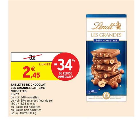 Promo Tablette De Chocolat Les Grandes Lait Noisettes Lindt Chez