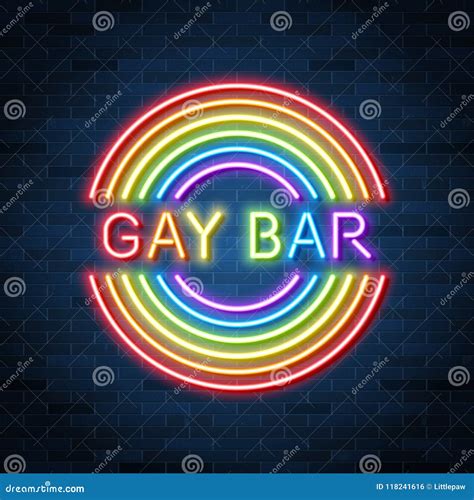 Gay Bar Neon Advertisement Rainbow Glowing Text Vector Illustration