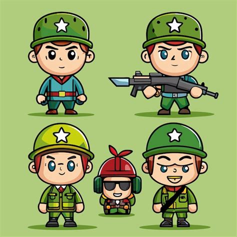 Cuatro Soldados De Dibujos Animados En Uniformes Verdes Y Azules Con