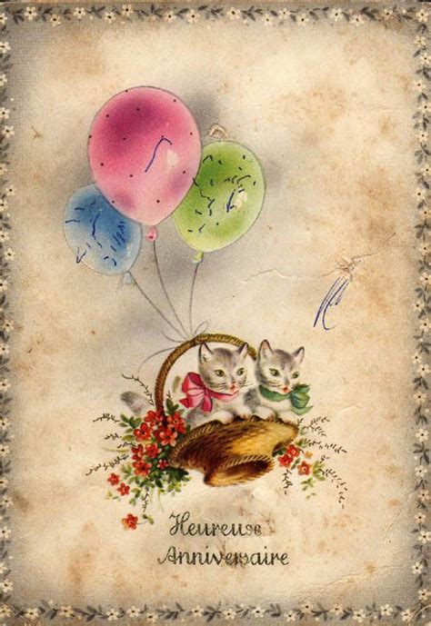 Carte Ancienne Heureux Anniversaire Avec Chatons