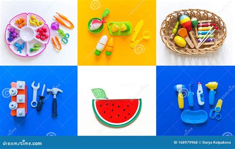 Collage With Toys For The Child Rainbow Color Stock Photo Image Of