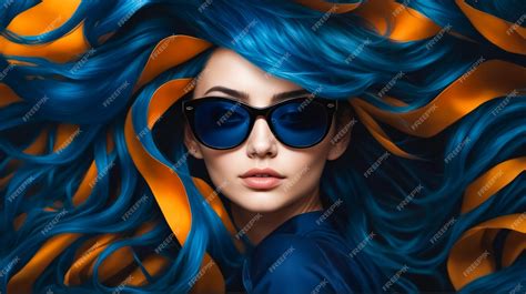 Premium Photo A Woman With Long Blue Hair And Orange Hair Tie Is