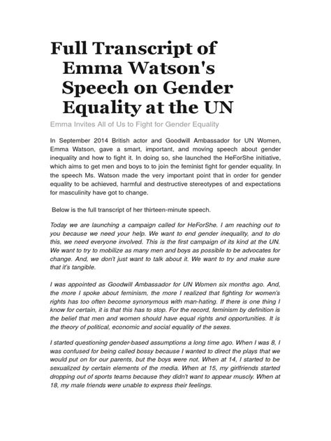 Full Transcript of Emma Watson | PDF | Feminism | Gender Studies