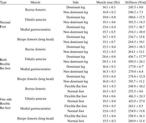 Muscle tone and stiffness on each foot types | Download Table